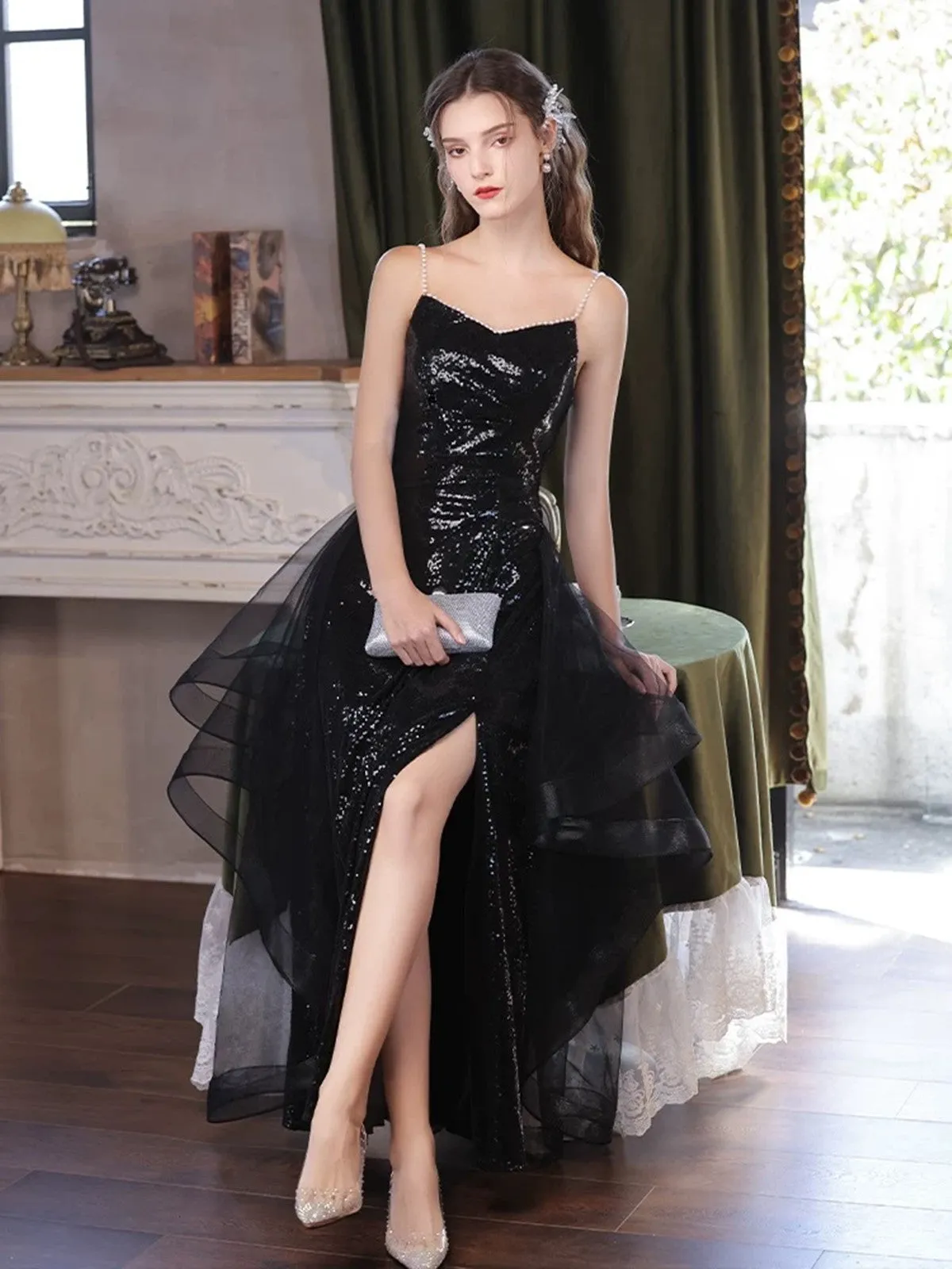 Black Sequins A-line Beaded Long Party Dress with Leg Slit, Black Sequins Prom Dress