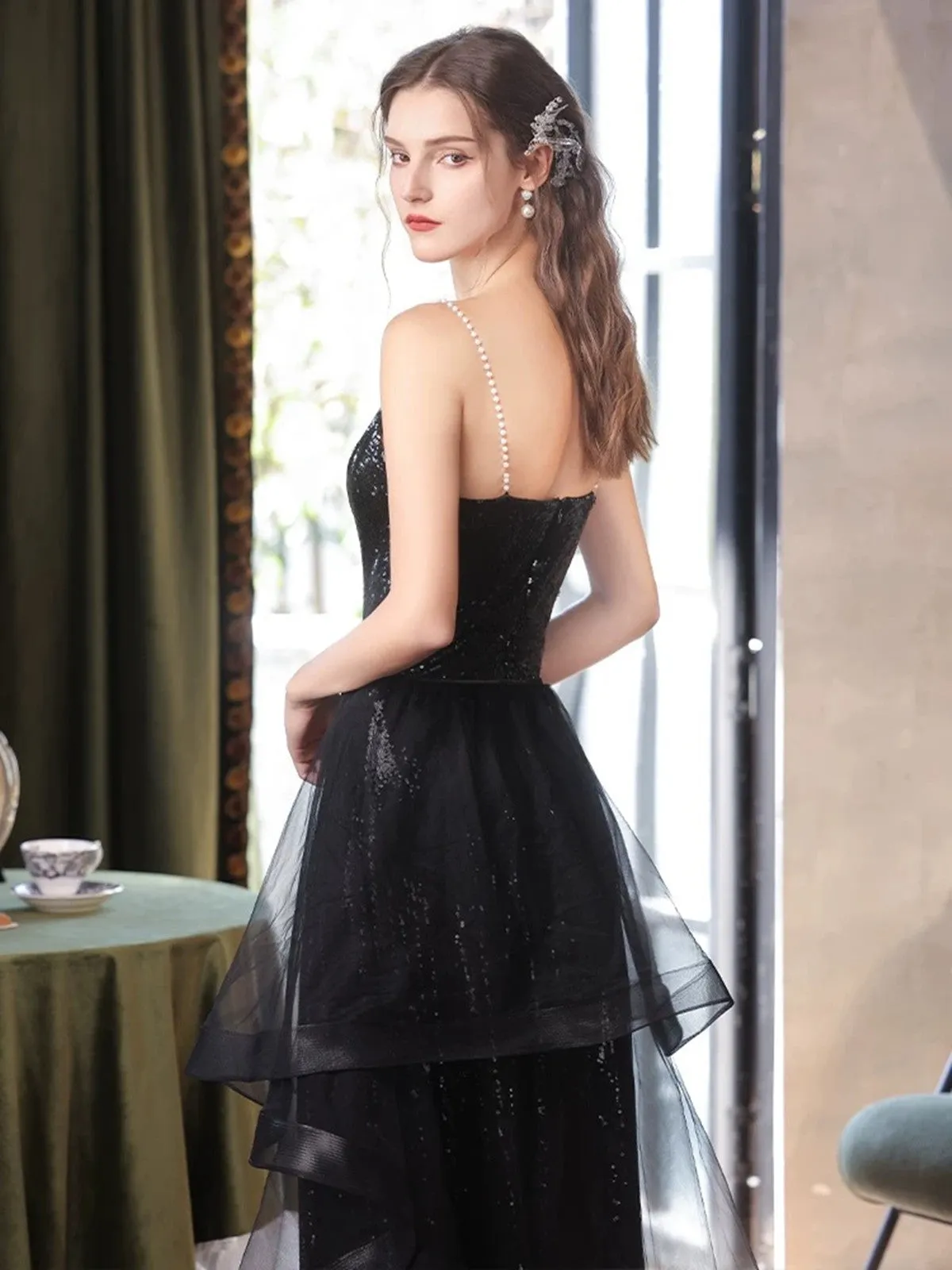 Black Sequins A-line Beaded Long Party Dress with Leg Slit, Black Sequins Prom Dress