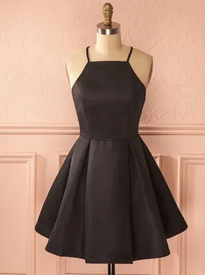 Black Square Neck Straps Pleated Stain Homecoming Dresses