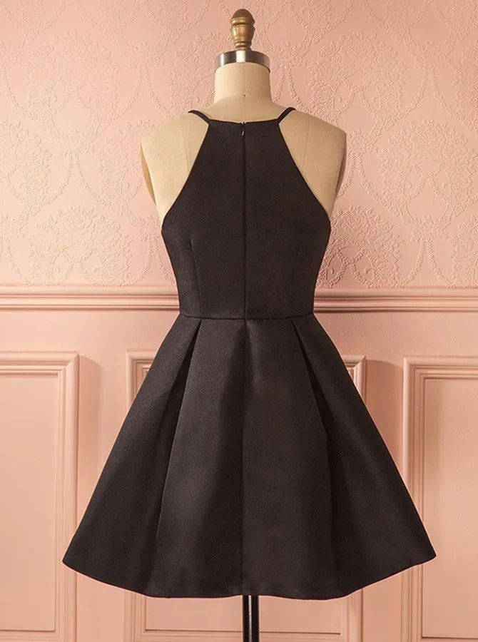 Black Square Neck Straps Pleated Stain Homecoming Dresses