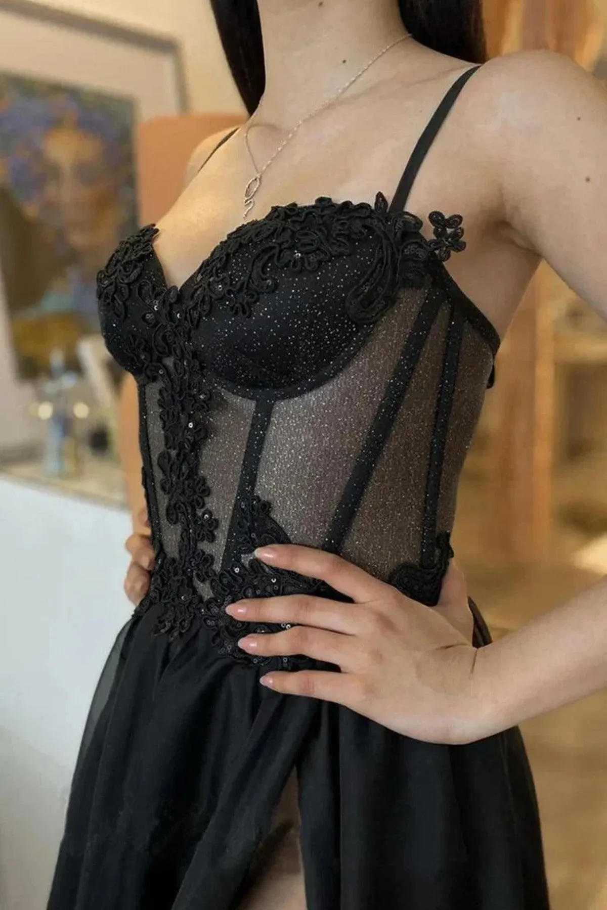 Black Tulle with Lace Straps Long Prom Dress with Leg Slit, Black Tulle Party Dress