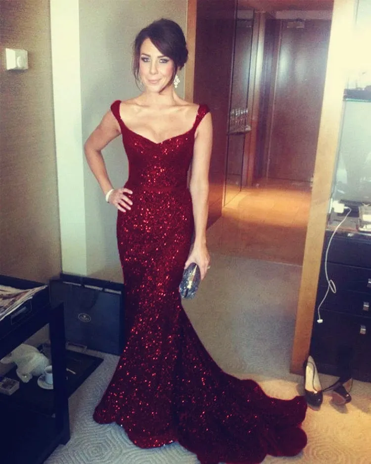 Bling Sequins Mermaid Prom Dresses Short Train Evening Dresses Black, Red & Blue 3 Colors