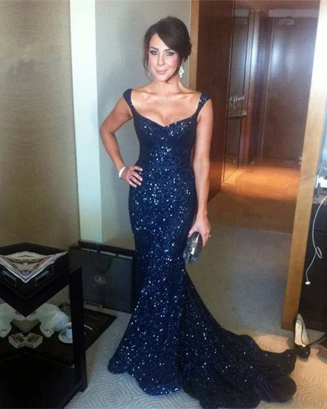 Bling Sequins Mermaid Prom Dresses Short Train Evening Dresses Black, Red & Blue 3 Colors