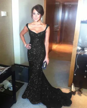 Bling Sequins Mermaid Prom Dresses Short Train Evening Dresses Black, Red & Blue 3 Colors