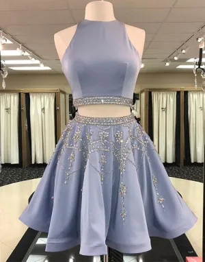 Blue Cute Two Piece Beading Backless Pleated Homecoming Dresses