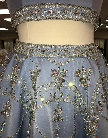 Blue Cute Two Piece Beading Backless Pleated Homecoming Dresses