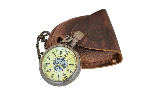 Blue Globe Antique Brass Roman Numerals Clock with Chain and a Brown Leather Case Collectible Gift for Outdoor/ Maritime Vintage Brass Flat Pocket Compass
