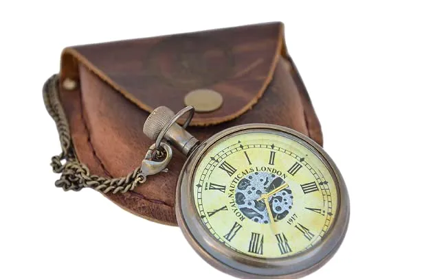 Blue Globe Antique Brass Roman Numerals Clock with Chain and a Brown Leather Case Collectible Gift for Outdoor/ Maritime Vintage Brass Flat Pocket Compass
