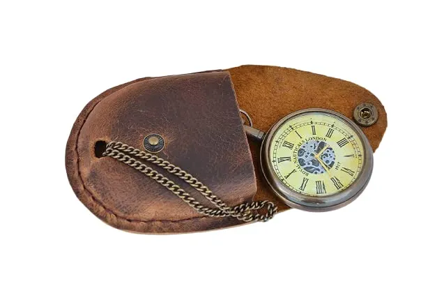Blue Globe Antique Brass Roman Numerals Clock with Chain and a Brown Leather Case Collectible Gift for Outdoor/ Maritime Vintage Brass Flat Pocket Compass