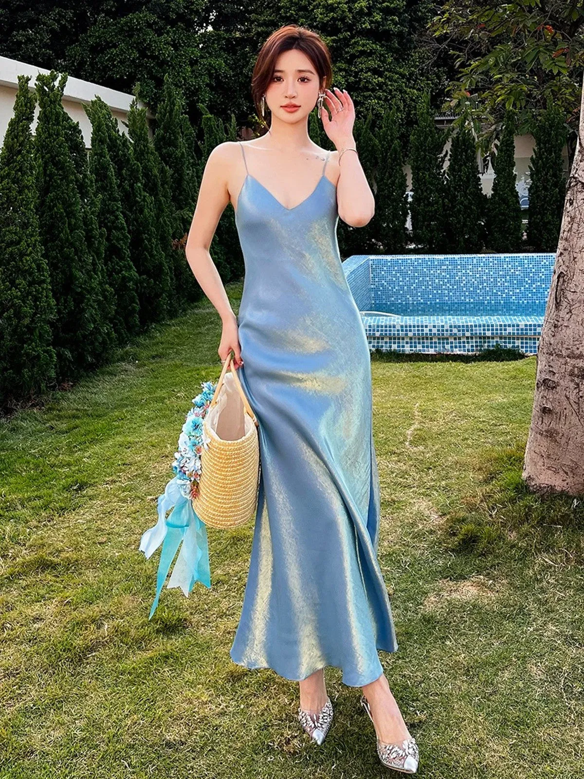 Blue Simple Straps V-neckline Party Dress, Lovely Satin Blue Prom Dress Evening Dress