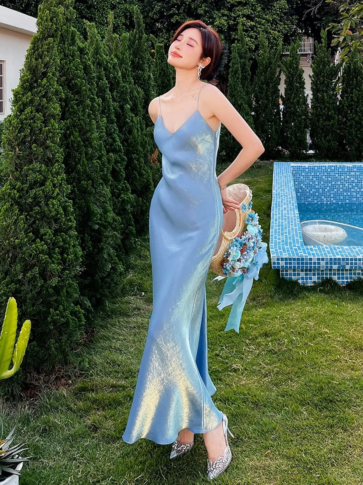 Blue Simple Straps V-neckline Party Dress, Lovely Satin Blue Prom Dress Evening Dress