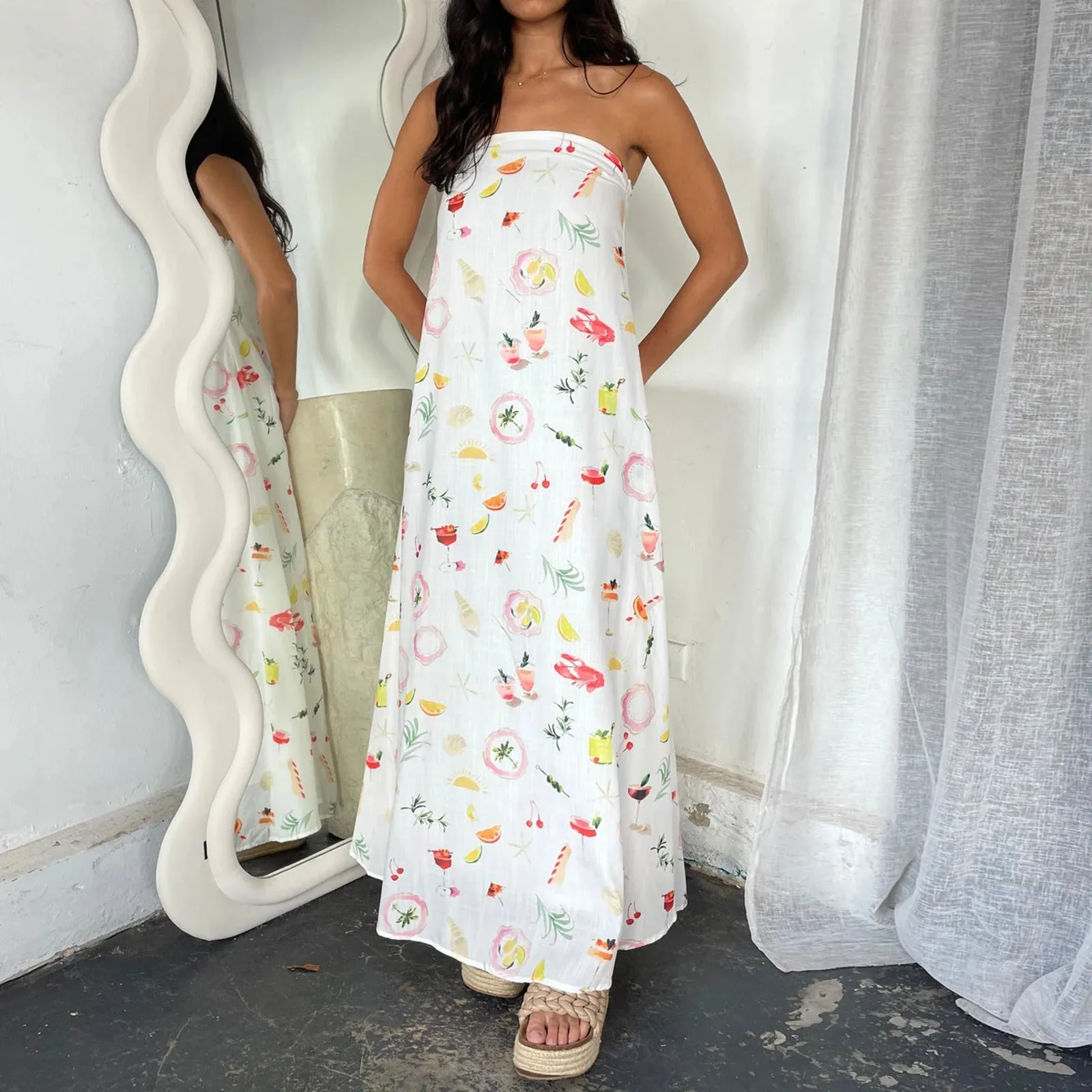 Boho Graphic Print Tube Off Shoulder Flowy Loose Maxi Dress