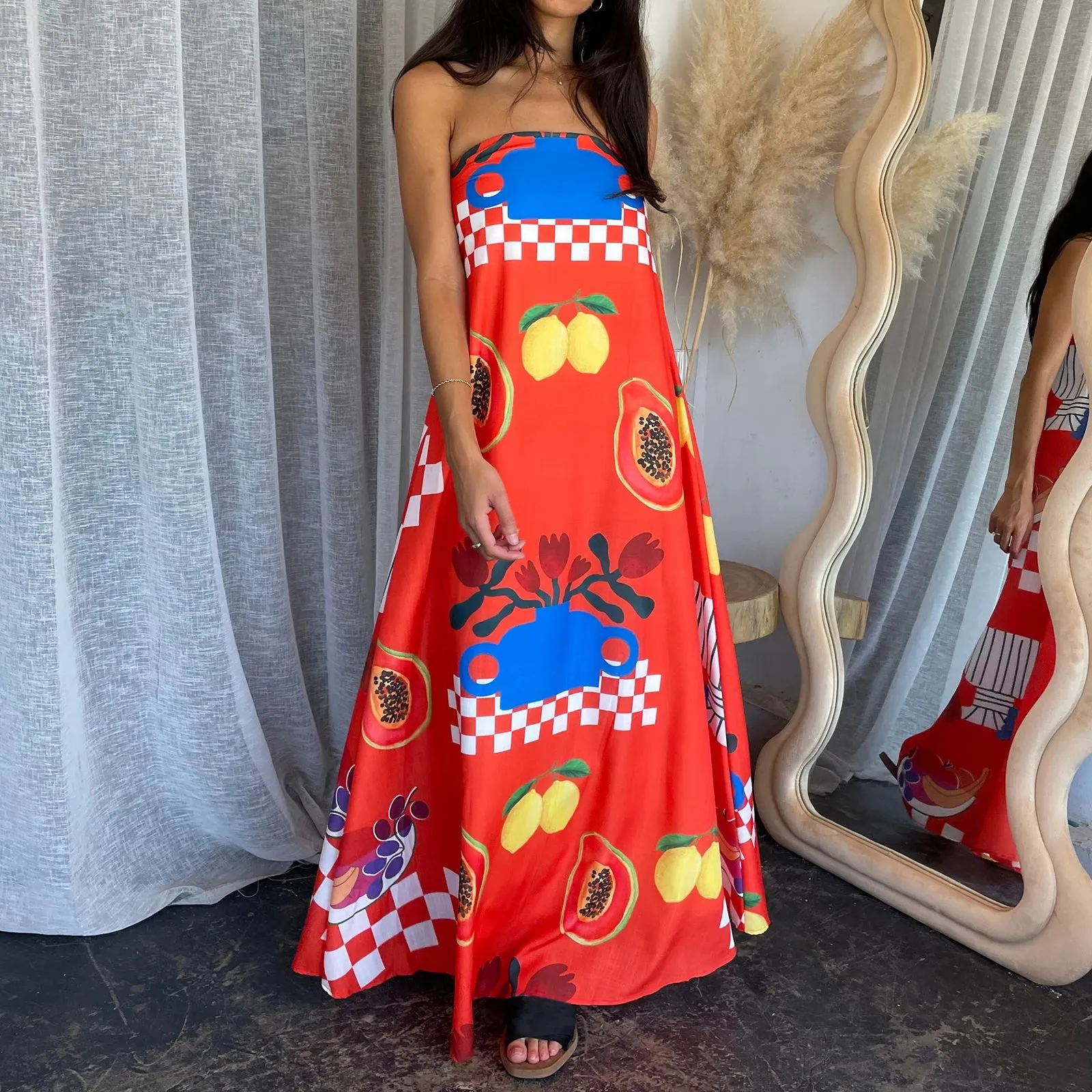 Boho Graphic Print Tube Off Shoulder Flowy Loose Maxi Dress