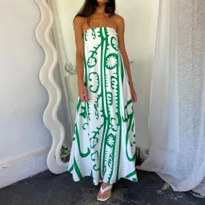 Boho Graphic Print Tube Off Shoulder Flowy Loose Maxi Dress