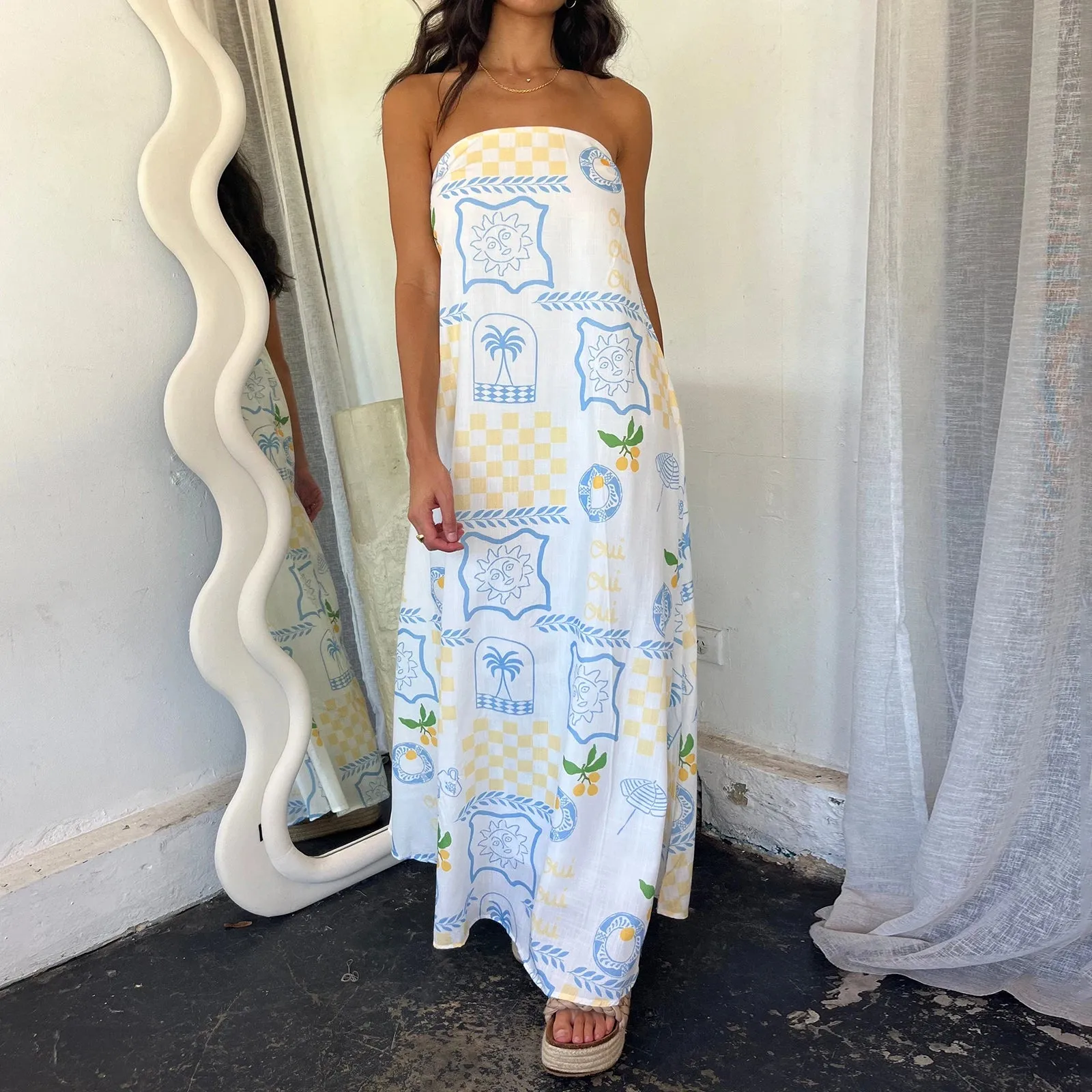 Boho Graphic Print Tube Off Shoulder Flowy Loose Maxi Dress