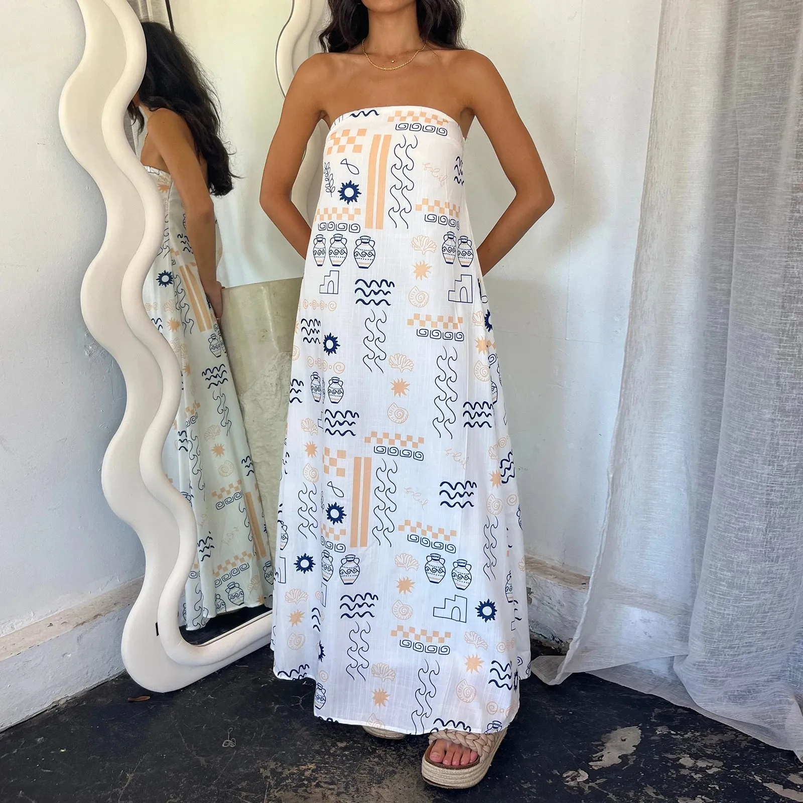 Boho Graphic Print Tube Off Shoulder Flowy Loose Maxi Dress
