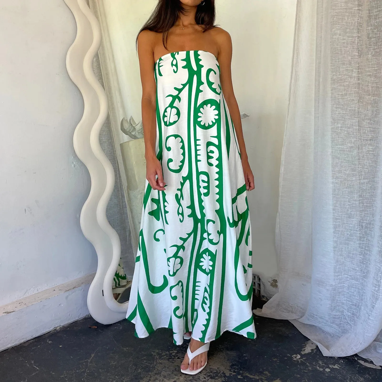 Boho Graphic Print Tube Off Shoulder Flowy Loose Maxi Dress