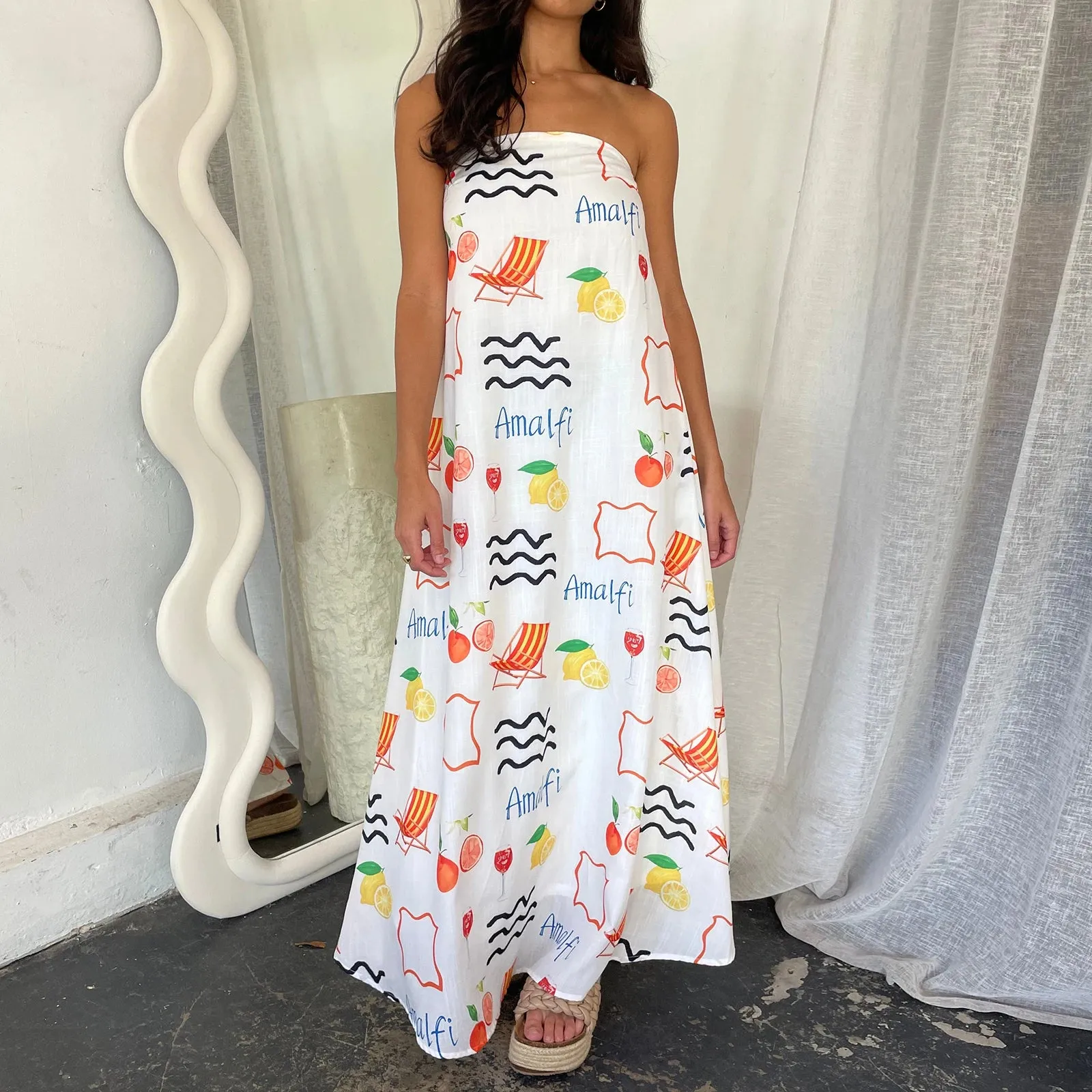 Boho Graphic Print Tube Off Shoulder Flowy Loose Maxi Dress