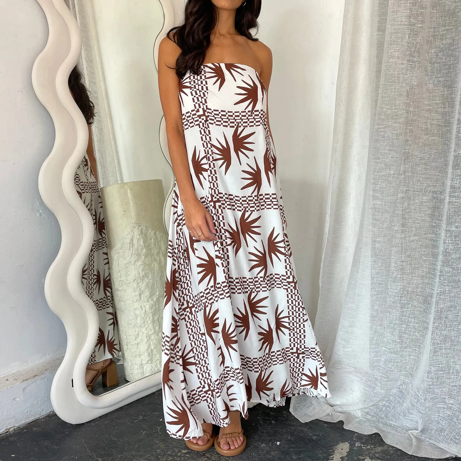 Boho Graphic Print Tube Off Shoulder Flowy Loose Maxi Dress