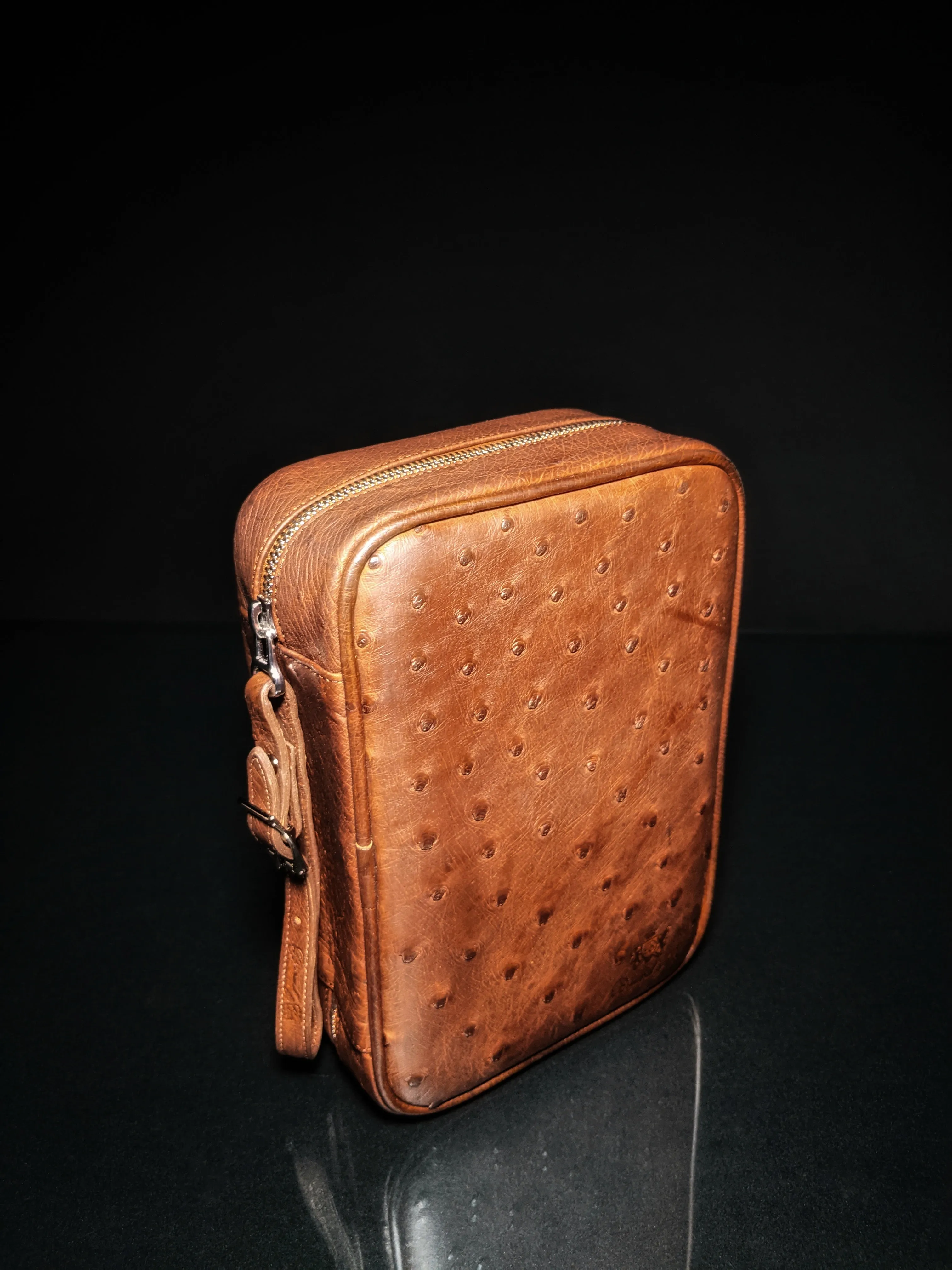 Brizard and Co Havana Traveler in Genuine Ostrich Antique Saddle Leather