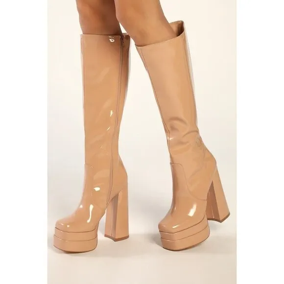 Brunay Light Nude Square Toe Platform Over-the-Knee Boots 7.5 Vegan Leather