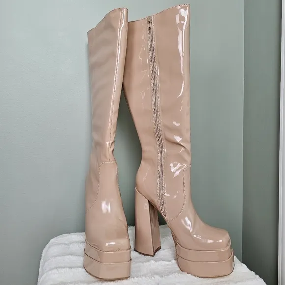 Brunay Light Nude Square Toe Platform Over-the-Knee Boots 7.5 Vegan Leather