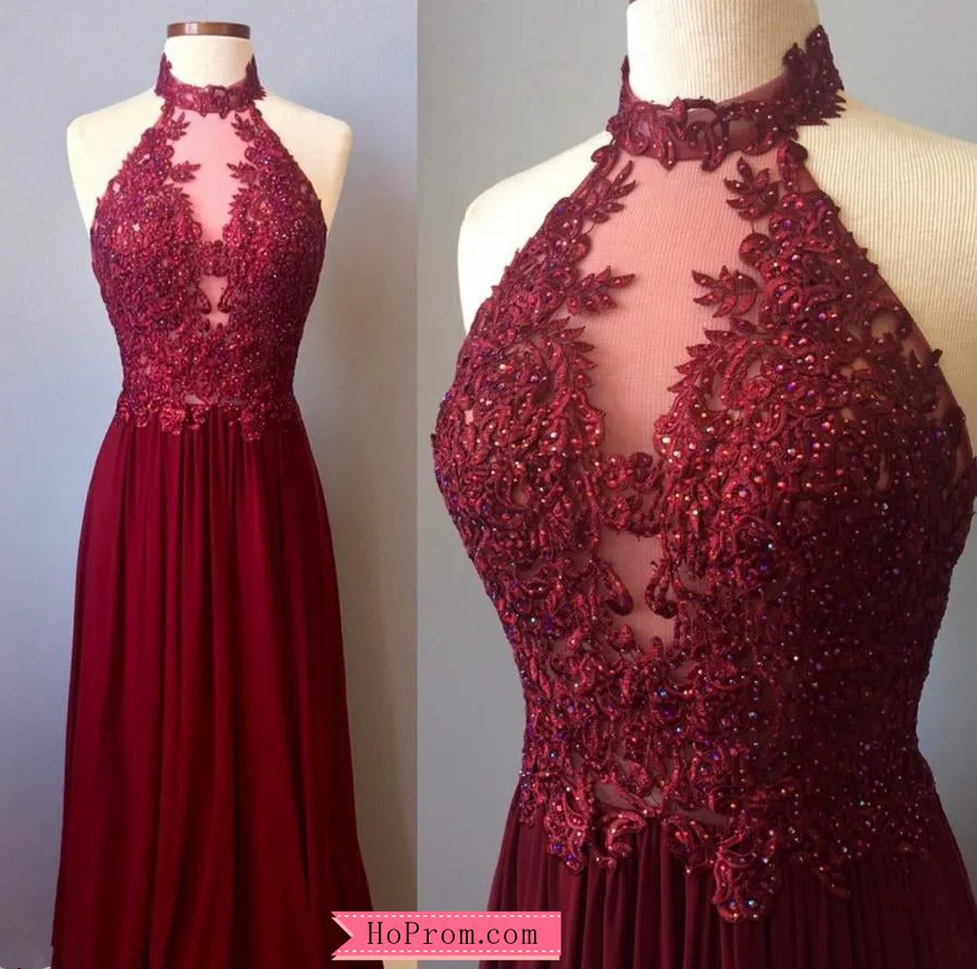 Burgundy Halter Neckline Prom Dress with Beadings