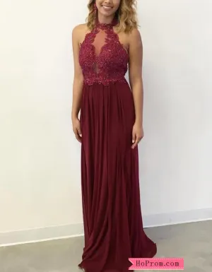 Burgundy Halter Neckline Prom Dress with Beadings