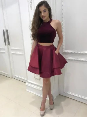 Burgundy Halter Two Piece Double Decker Skirt Short Homecoming Dresses
