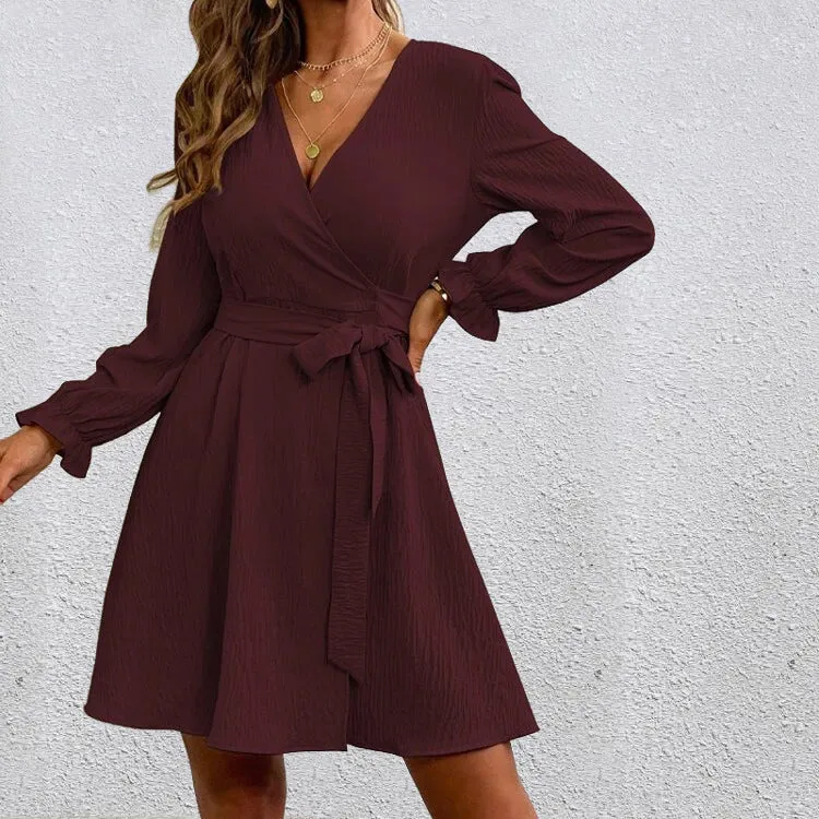 Chic V-Neck Wrap Dress with Bow Tie