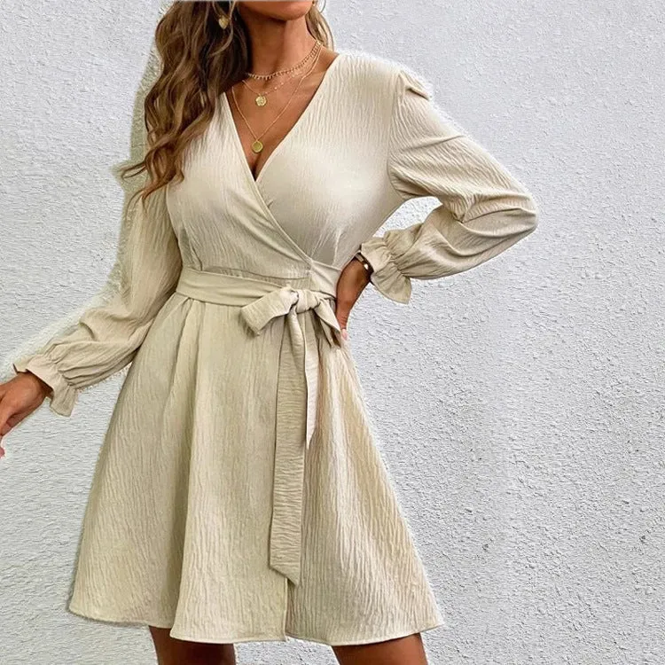 Chic V-Neck Wrap Dress with Bow Tie