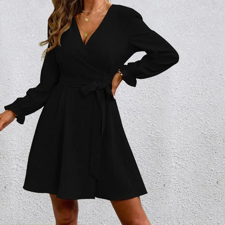 Chic V-Neck Wrap Dress with Bow Tie