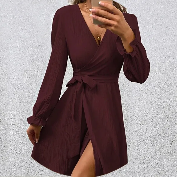 Chic V-Neck Wrap Dress with Bow Tie