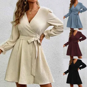Chic V-Neck Wrap Dress with Bow Tie