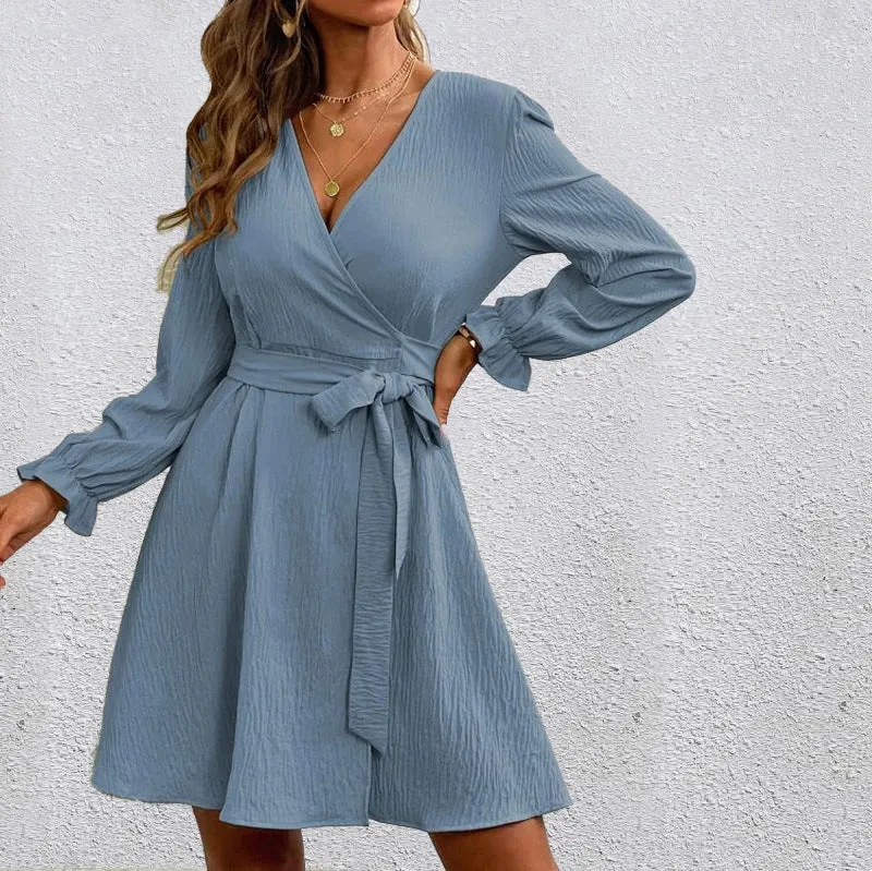 Chic V-Neck Wrap Dress with Bow Tie