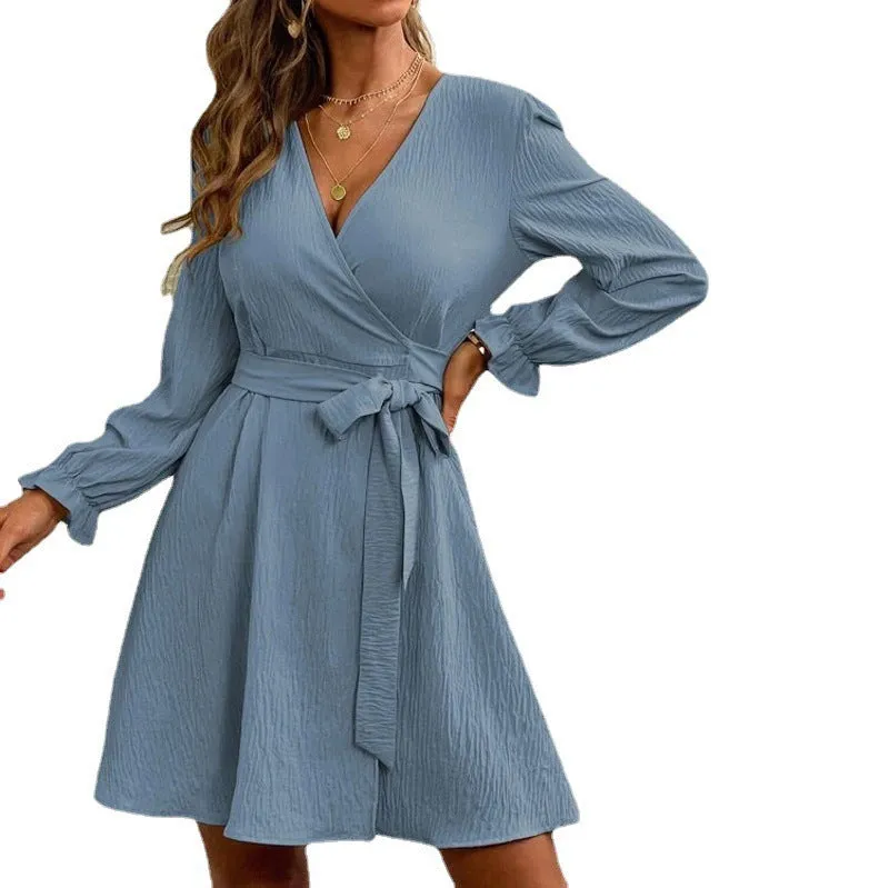 Chic V-Neck Wrap Dress with Bow Tie