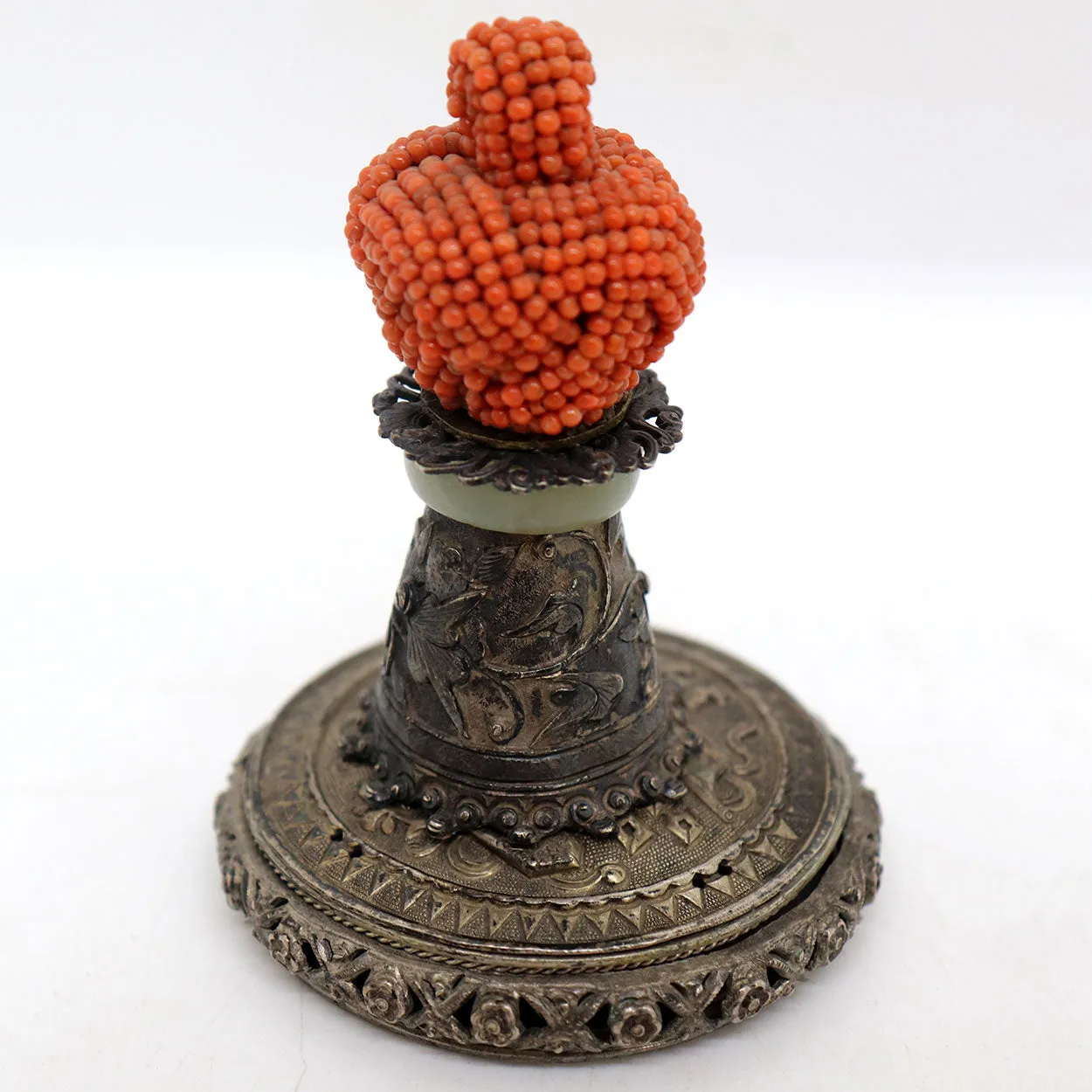 Chinese Qing Mandarin Coral Official's Hat Button on Silver and Jade Mount