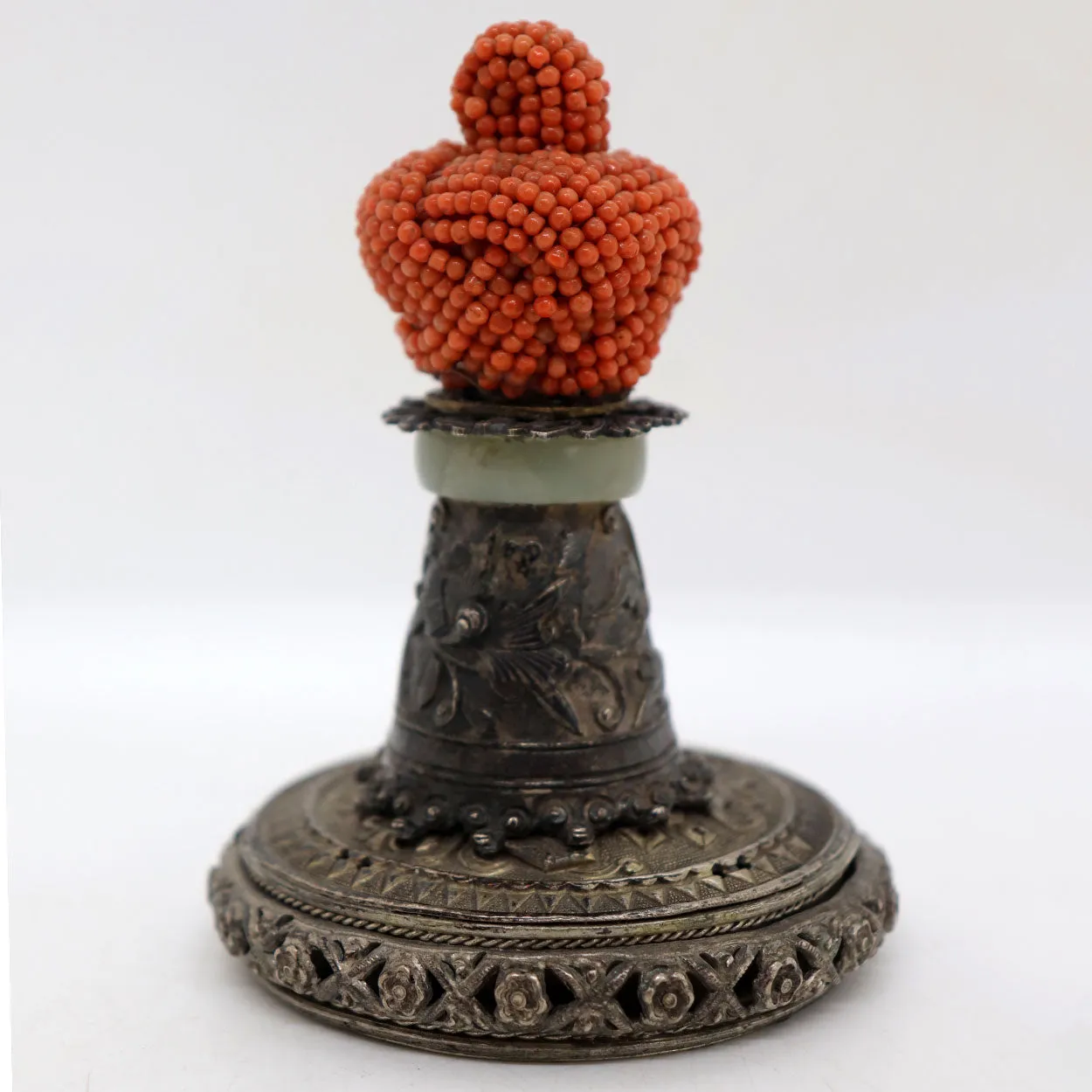 Chinese Qing Mandarin Coral Official's Hat Button on Silver and Jade Mount