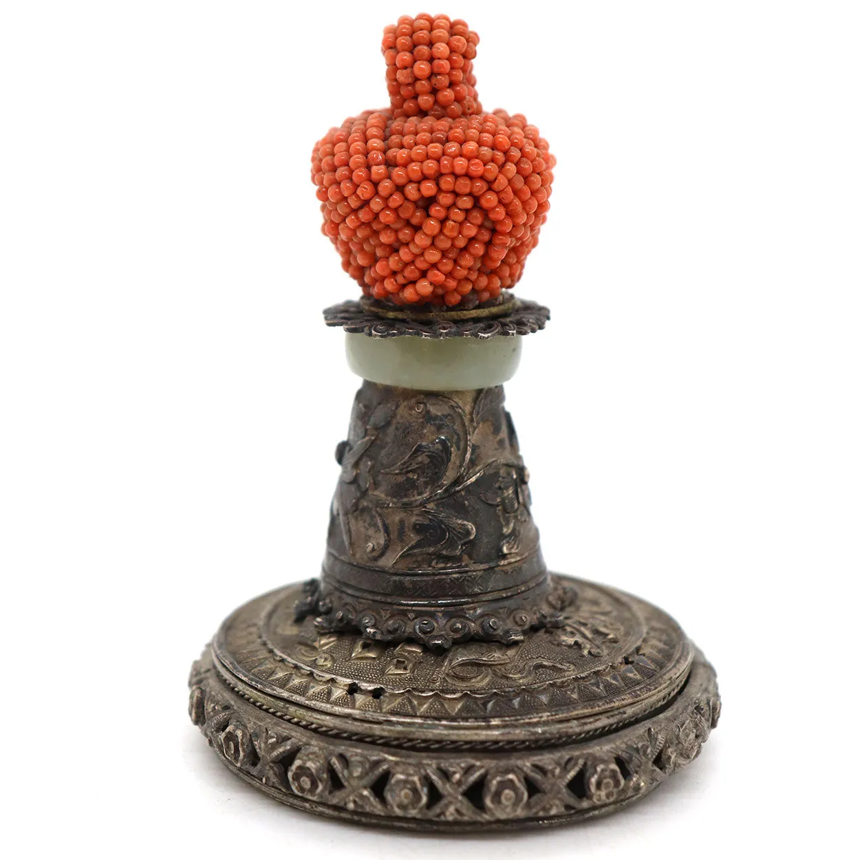 Chinese Qing Mandarin Coral Official's Hat Button on Silver and Jade Mount