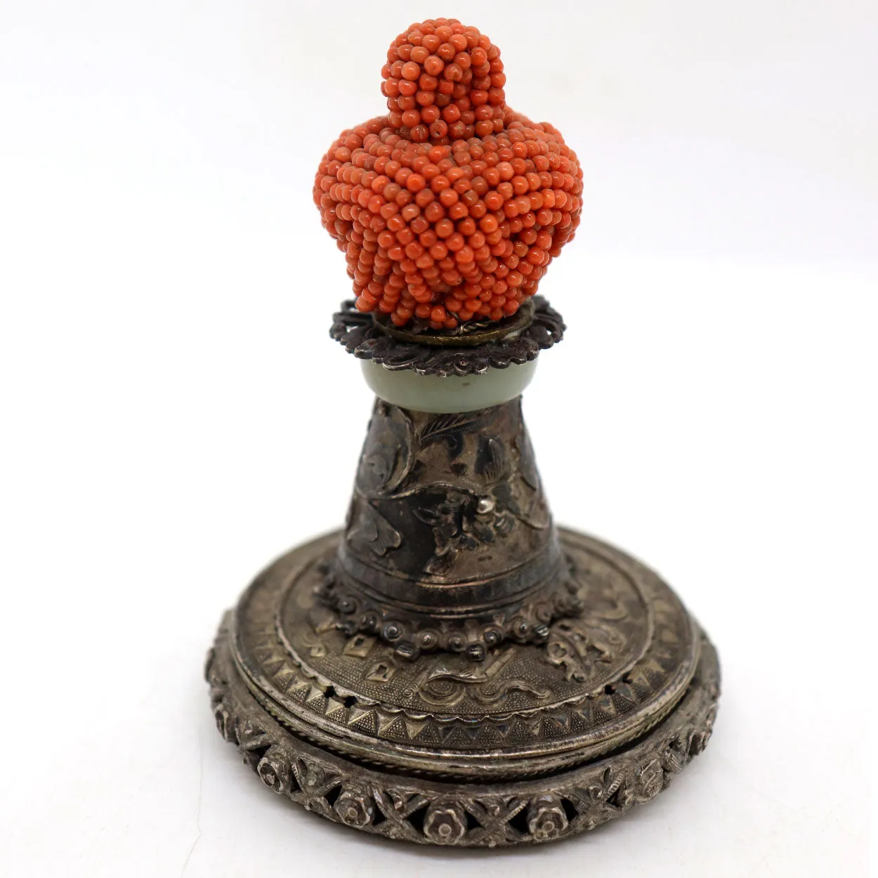 Chinese Qing Mandarin Coral Official's Hat Button on Silver and Jade Mount