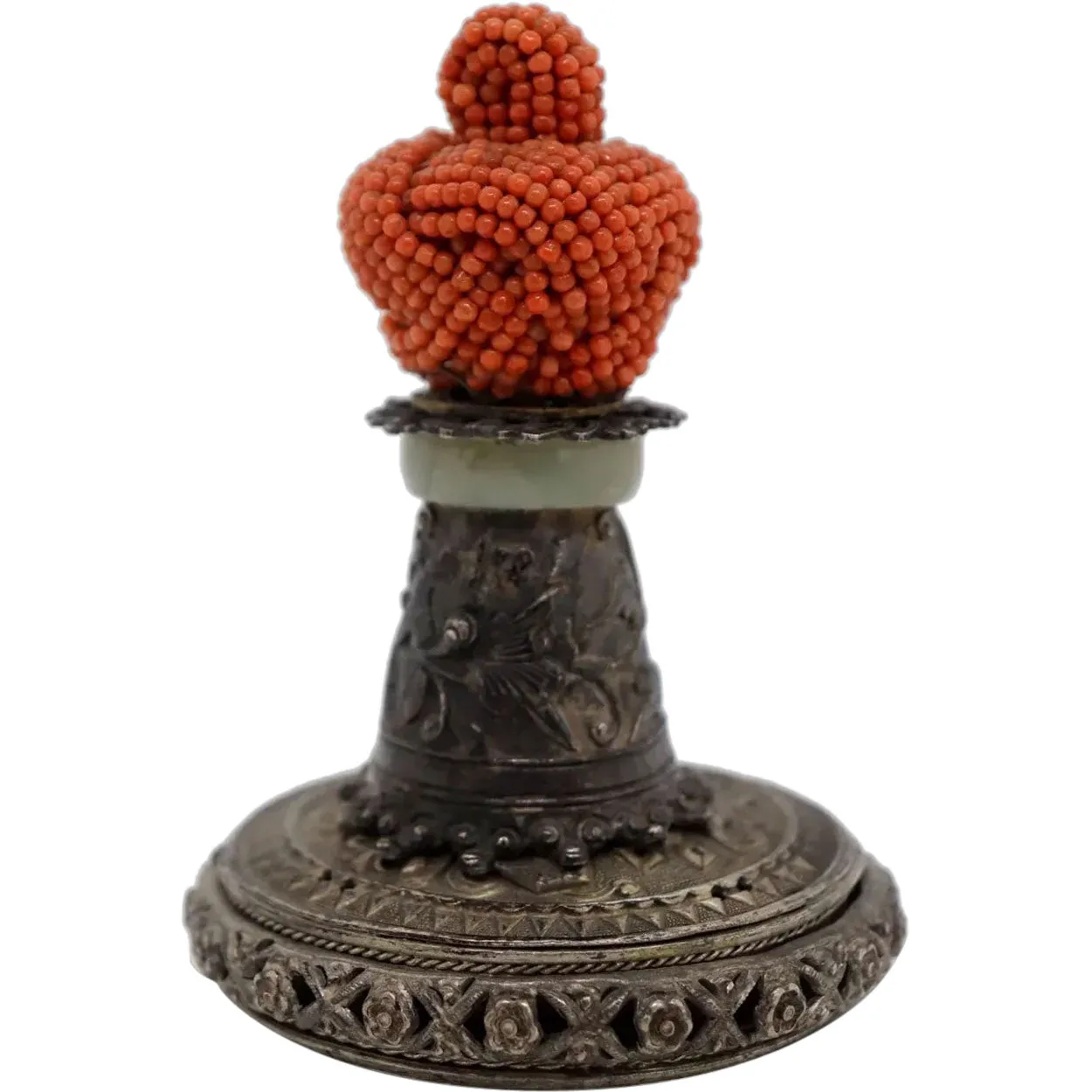 Chinese Qing Mandarin Coral Official's Hat Button on Silver and Jade Mount