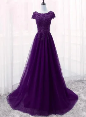 Cute Purple Tulle with Lace Applique Long Party Dress, New Prom Gown