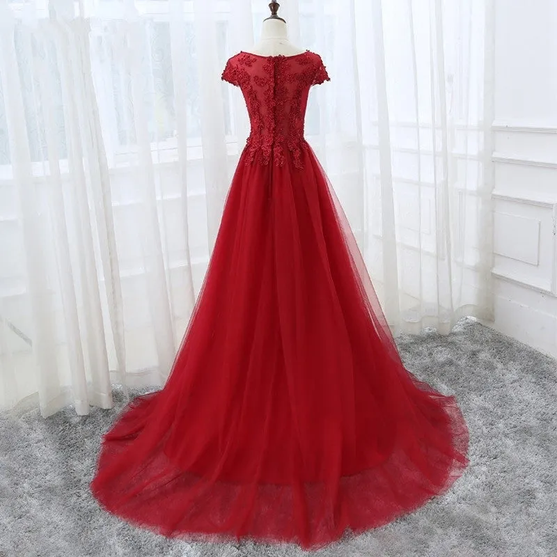Cute Purple Tulle with Lace Applique Long Party Dress, New Prom Gown