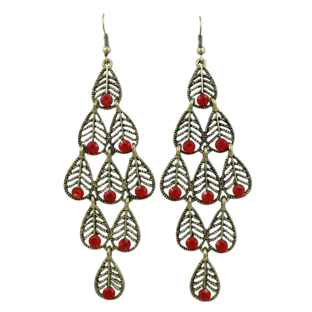 Dangling Filigree Leaves with Red Crystals Earring - REC561
