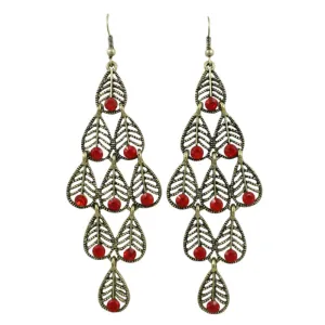 Dangling Filigree Leaves with Red Crystals Earring - REC561