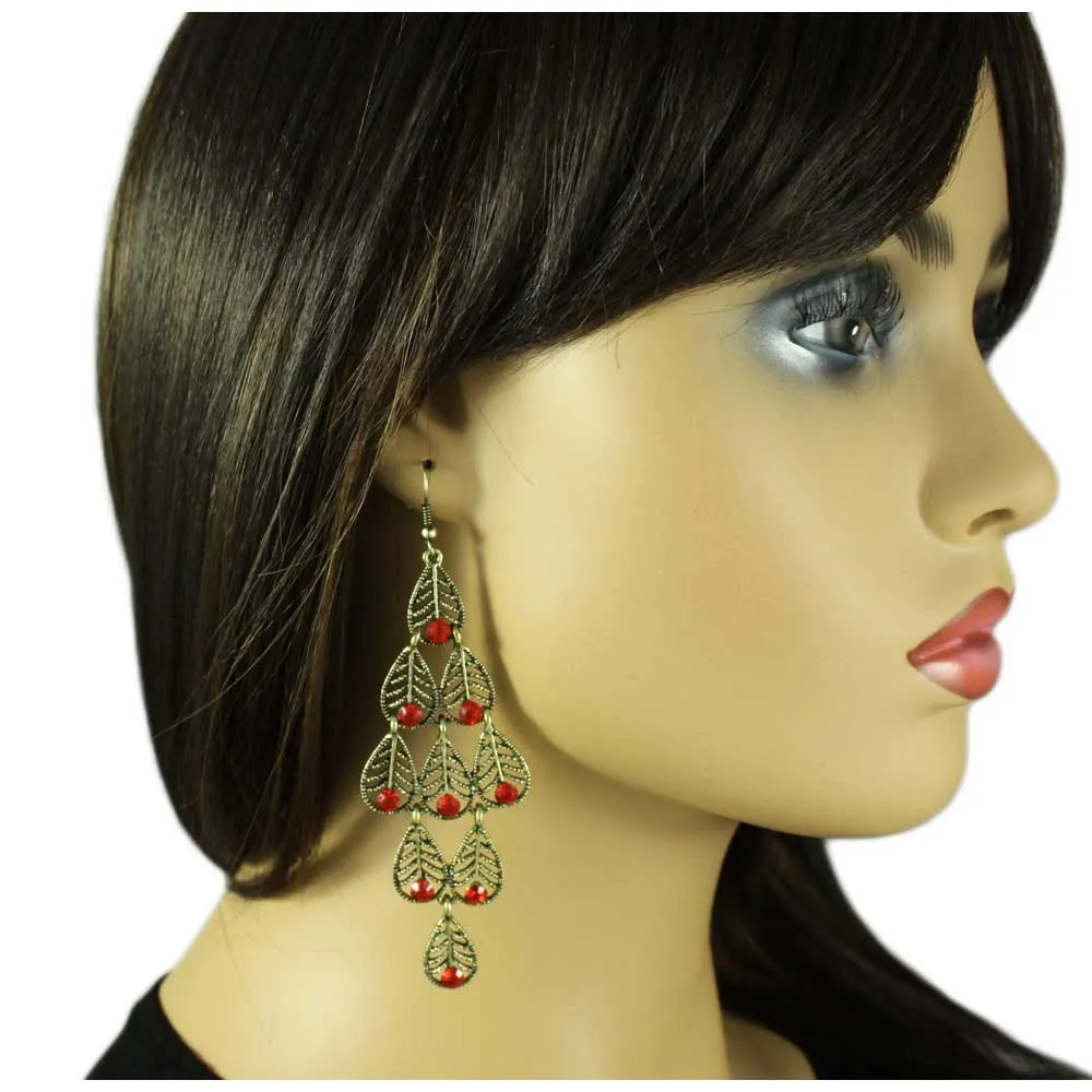Dangling Filigree Leaves with Red Crystals Earring - REC561