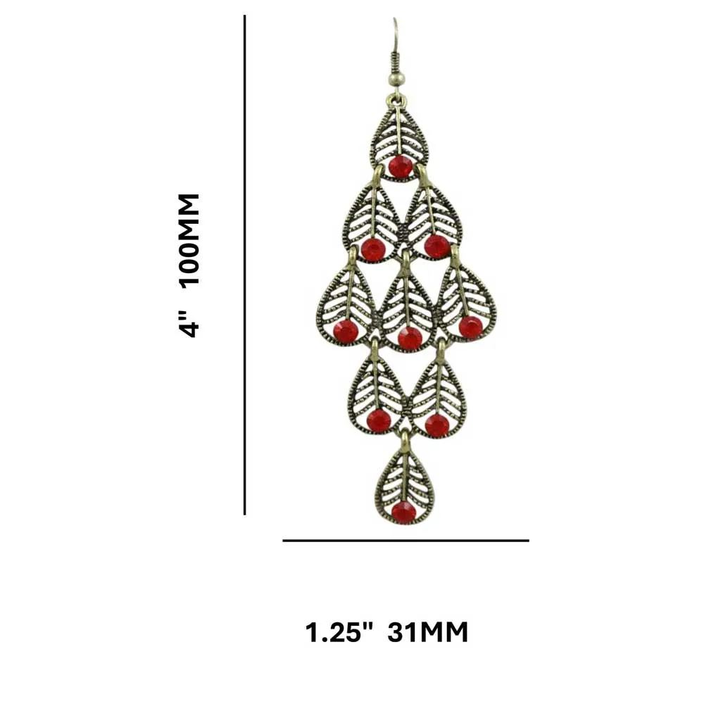 Dangling Filigree Leaves with Red Crystals Earring - REC561