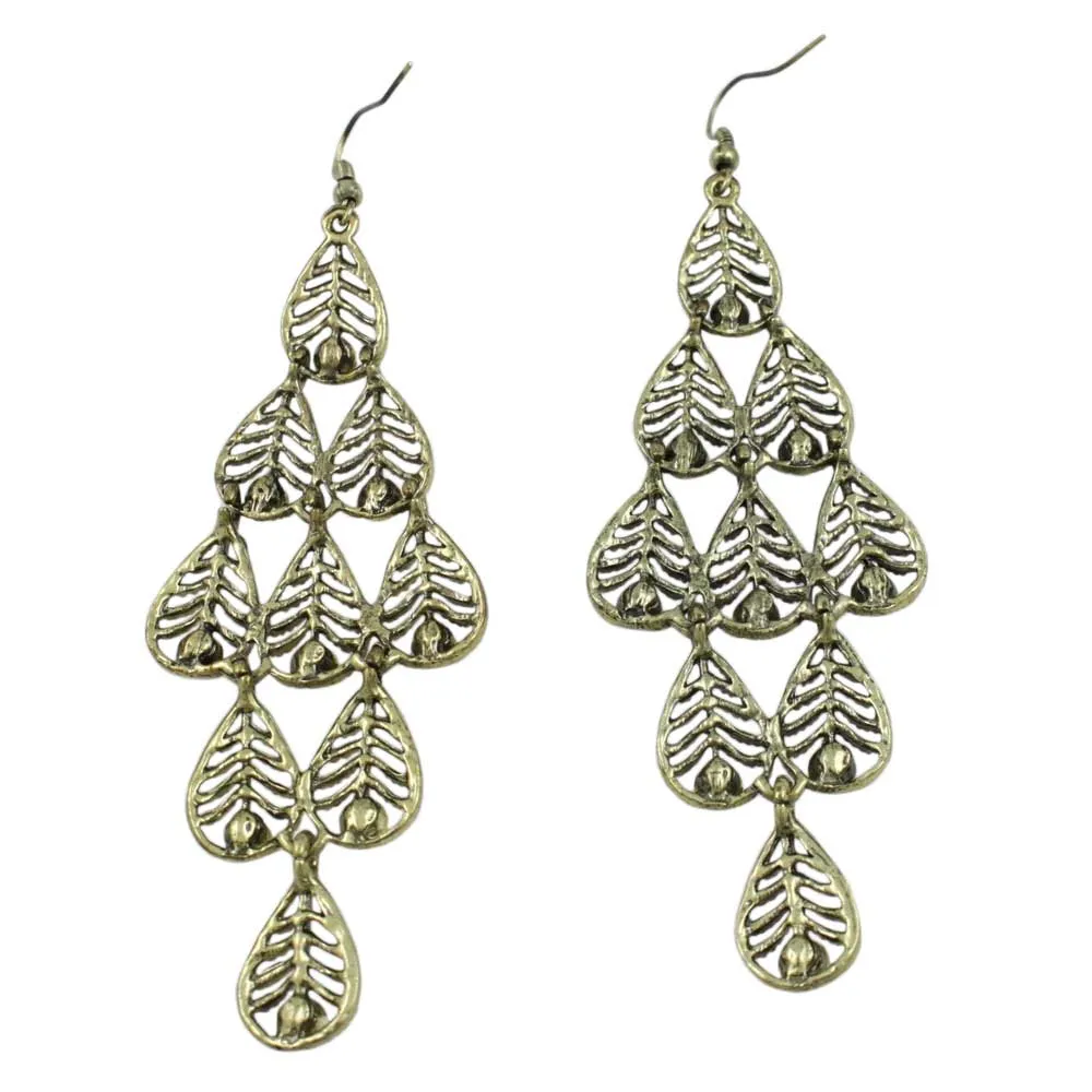 Dangling Filigree Leaves with Red Crystals Earring - REC561