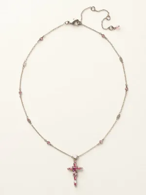 Delicate Cross Pendant Necklace - Pink Crystal