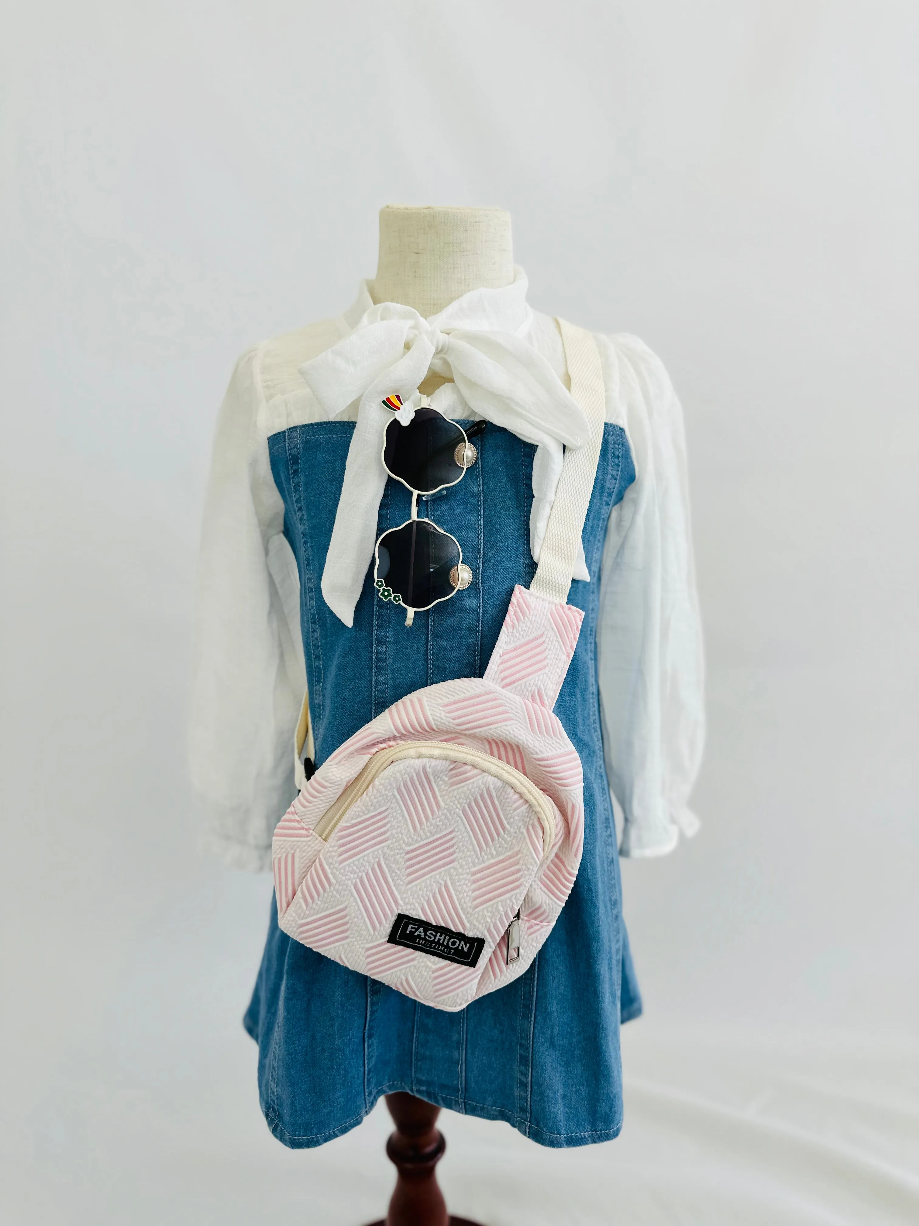 Denim Dress with White Cotton Top & Pearl Button Details